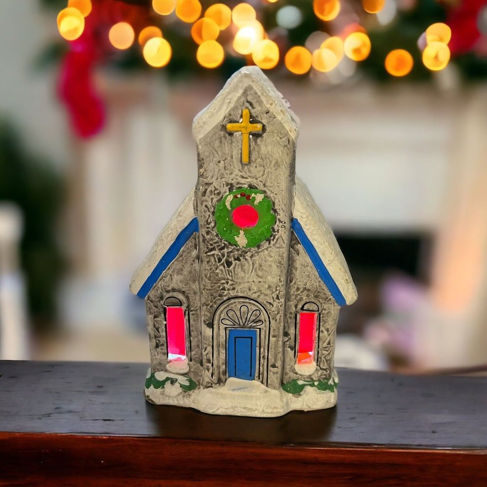 RARE Vintage Christmas Village Church RB Japan Painted Papier Mache 8” House MCM